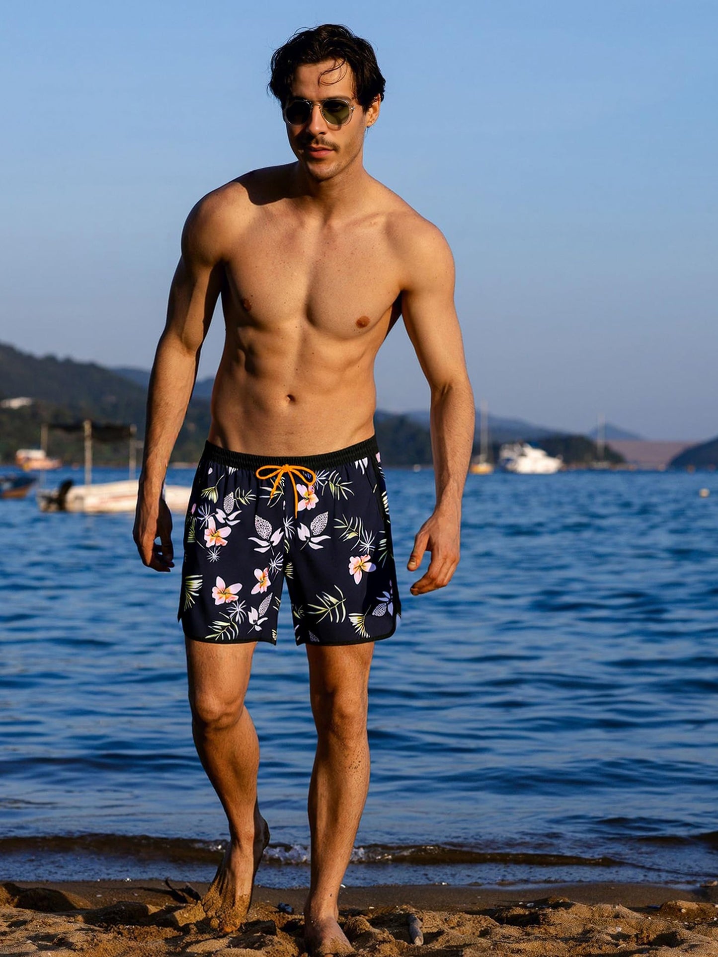 SURF CUZ Mens Swim Trunks with Compression Liner 5" Swimming Trunks 5 Inch Retro Swim Shorts with Zipper Pockets,Daybreak,M