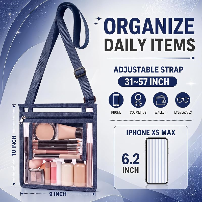 Dark Blue 20-Pack Clear Stadium Crossbody Bags with Nylon Strap