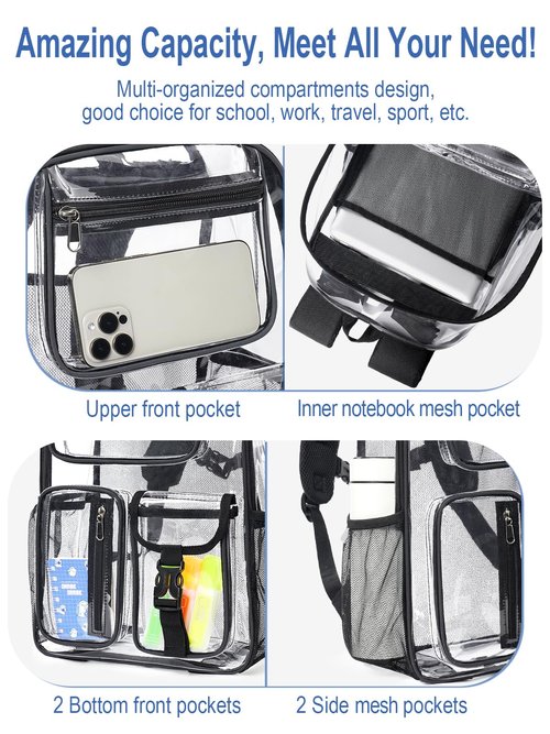 QOECI Heavy Duty Clear Backpack For School, 17 Inch Large Clear Bookbag For Kids Boys Girls Women Men, 360° 3M Reflective Strips See Through Backpack, Multi-Pockets Tranparent Bag, College Work, Black