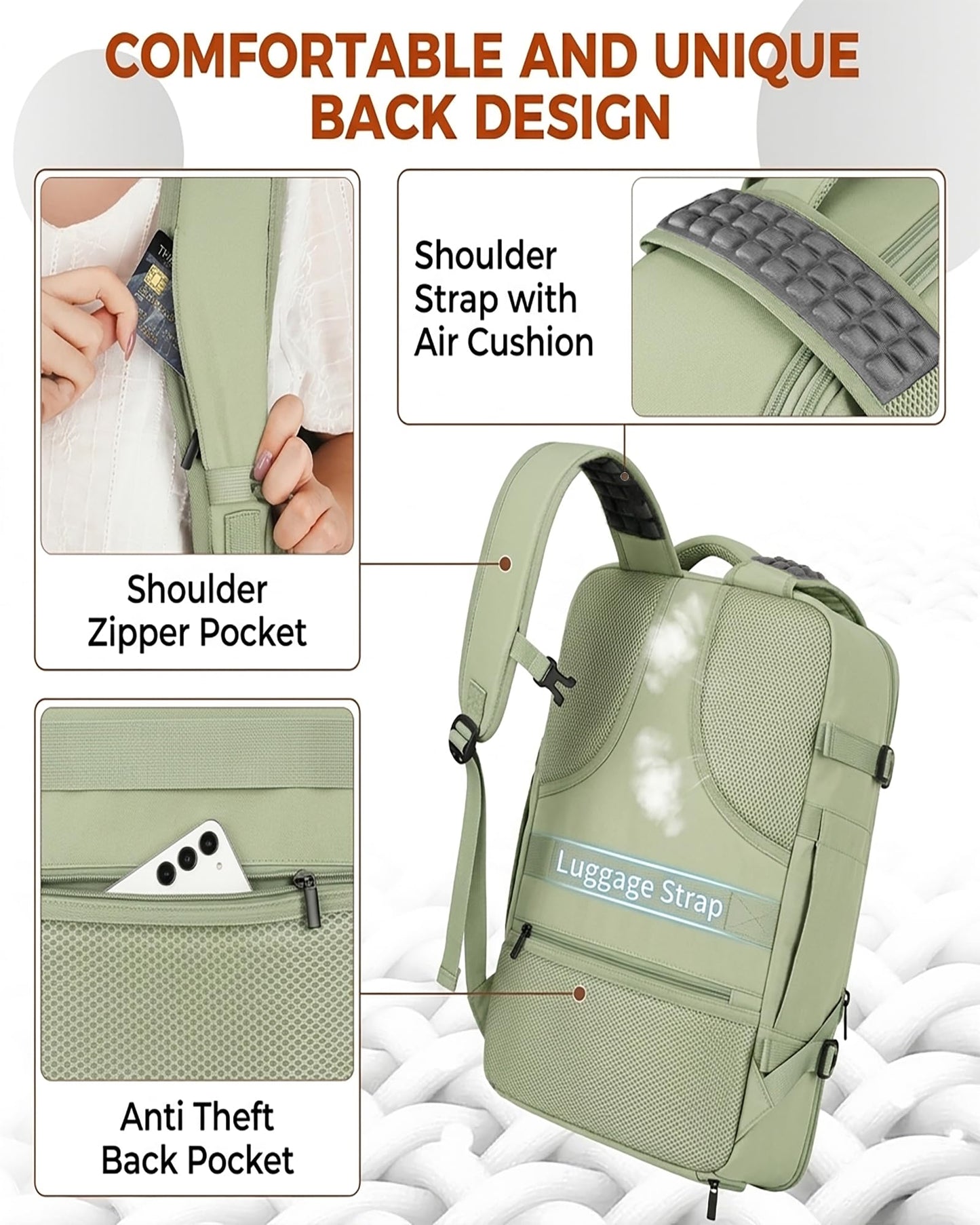 Vancropak Carry on Backpack for Women, Large Expandable Travel Backpack Fits 17.3" Laptop, Airplane Approved Suitcase Bag with Shoe Compartment, Lightweight Anti Theft Weekender Bag for Travel, Green