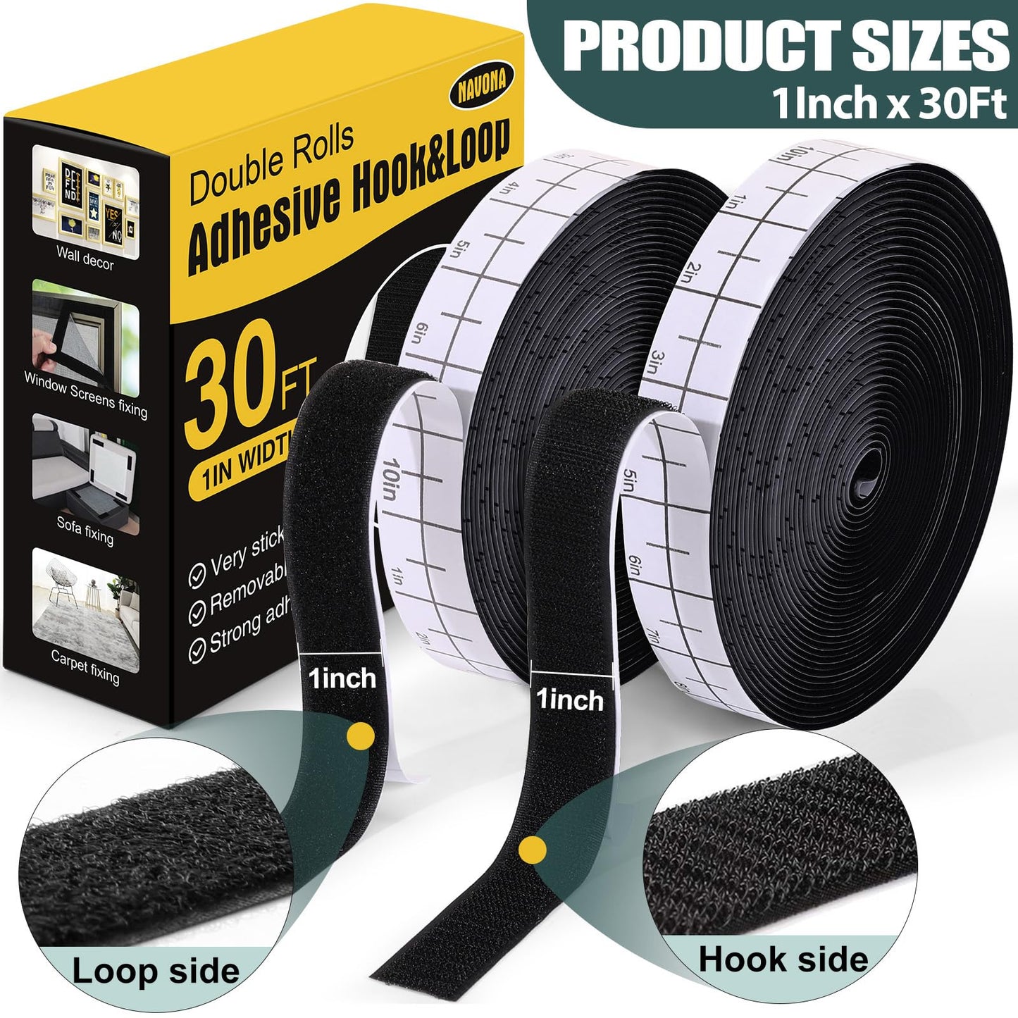 Navona 30Ft x 1 Inch Hook and Loop Strips with Adhesive, Heavy Duty Self Adhesive Hook and Loop Tape with Measuring Scale Backing for Home, Office, School & DIY Projects, Black