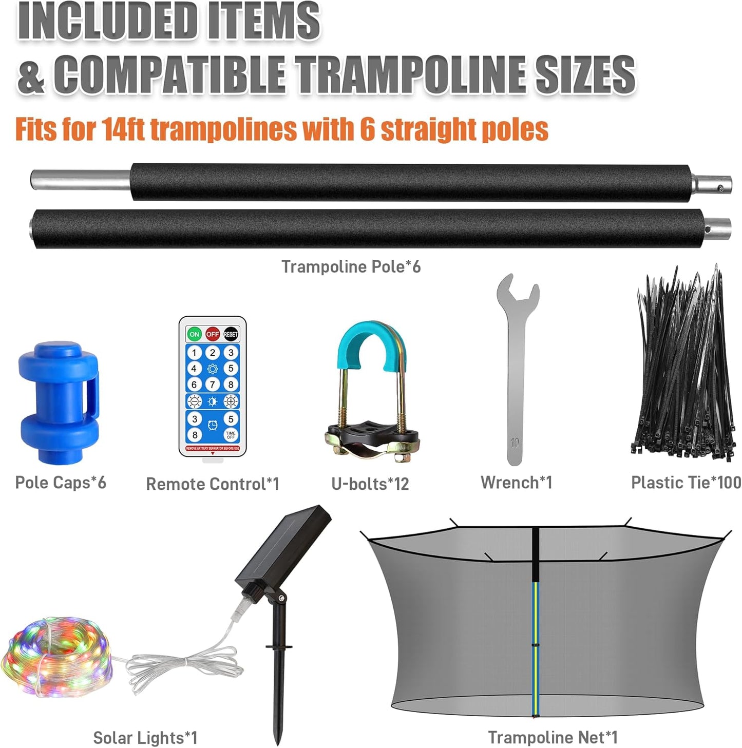 6PCS Trampoline Replacement Poles and 14FT Enclosure Net with Solar Light, Universal Trampoline Replacement Net and Enclosure Pole with Caps & Hardware, Fits 14FT Round Frame with 6 Straight Pole