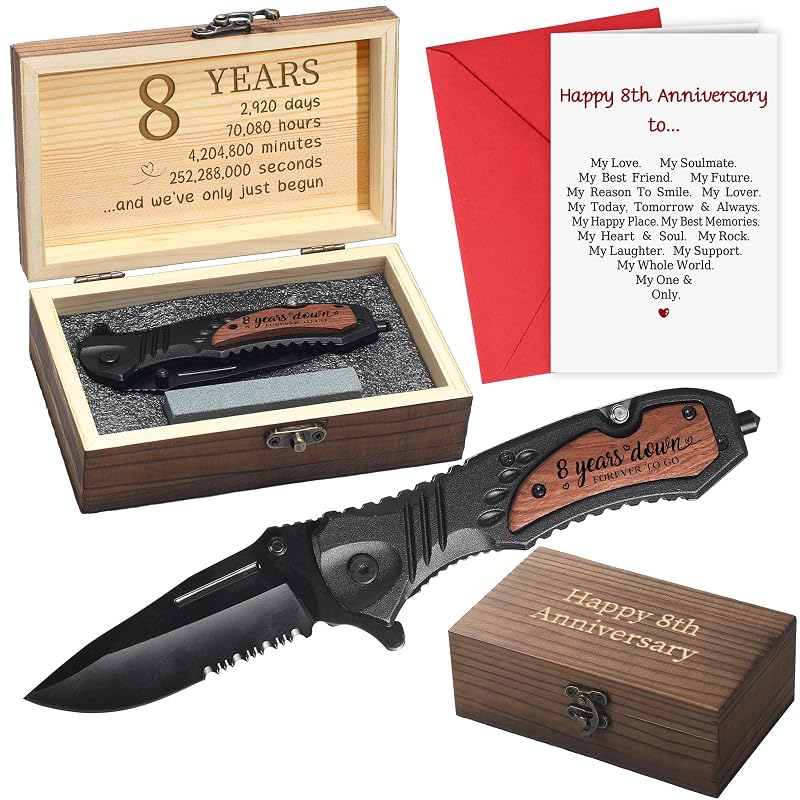 8 Years Anniversary Engraved Folding Knife for Him - 8th Wedding Gift in Olive Wood Box