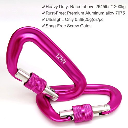Outmate 12kN 3.2"x2" Heavy-Duty Carabiner Clips - Durable, Lightweight Aluminum Alloy Carabiners for Hiking, Camping, Keychains, Dog Leashes, Hammocks & More(Screw gate,2 Pink)