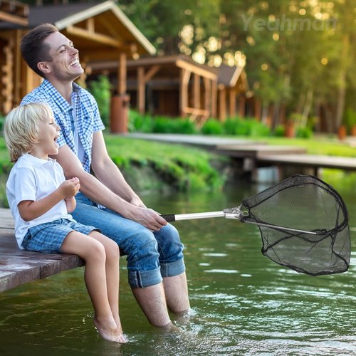 Yeahmart Fishing Net Minnow Nets with Aluminum Collapsible Telescopic Fishing Pole Handle and Nylon Mesh, Small Fishing Landing Net for Saltwater Freshwater, Extends to 21 inch (Fixed Handle)