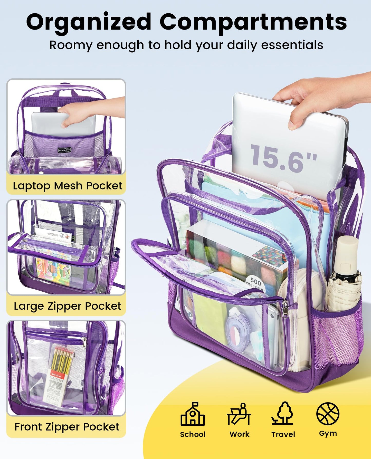 Vorspack Clear Backpack Heavy Duty - Extra Large Clear Backpacks with TSA Lock Transparent See Through Bookbag for School, Work, College, Travel - Purple