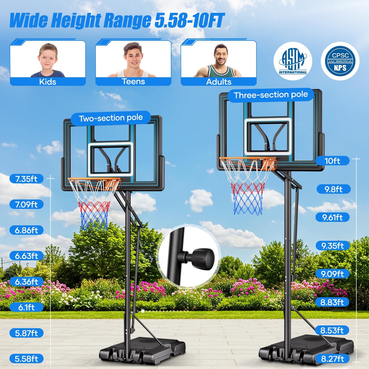 Asbest 44" Portable Basketball Hoop Outdoor | 5.5-10ft Stepless Adjustable Height Basketball Goal System for Driveway, Backyard, for All Ages (Blue, 10FT)