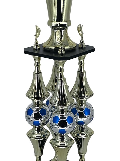 Express Medals Deluxe Soccer Championship Trophy, 41-Inch Gold Tower with Silver Blue Ball Accents, 4-Tier Design