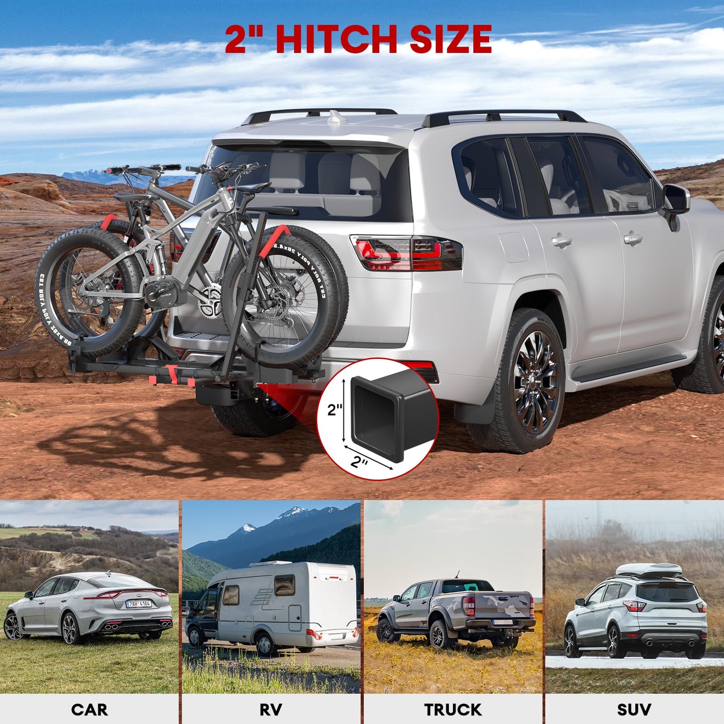 Hitch Mount Bike Rack with Ramp, 170lbs Capacity Foldable Electric Bike Carrier for 2 Heavy Ebike, Up to 5" Fat Tire fits Cars, SUVs, RVs, Trailers with 2 Inch Receiver