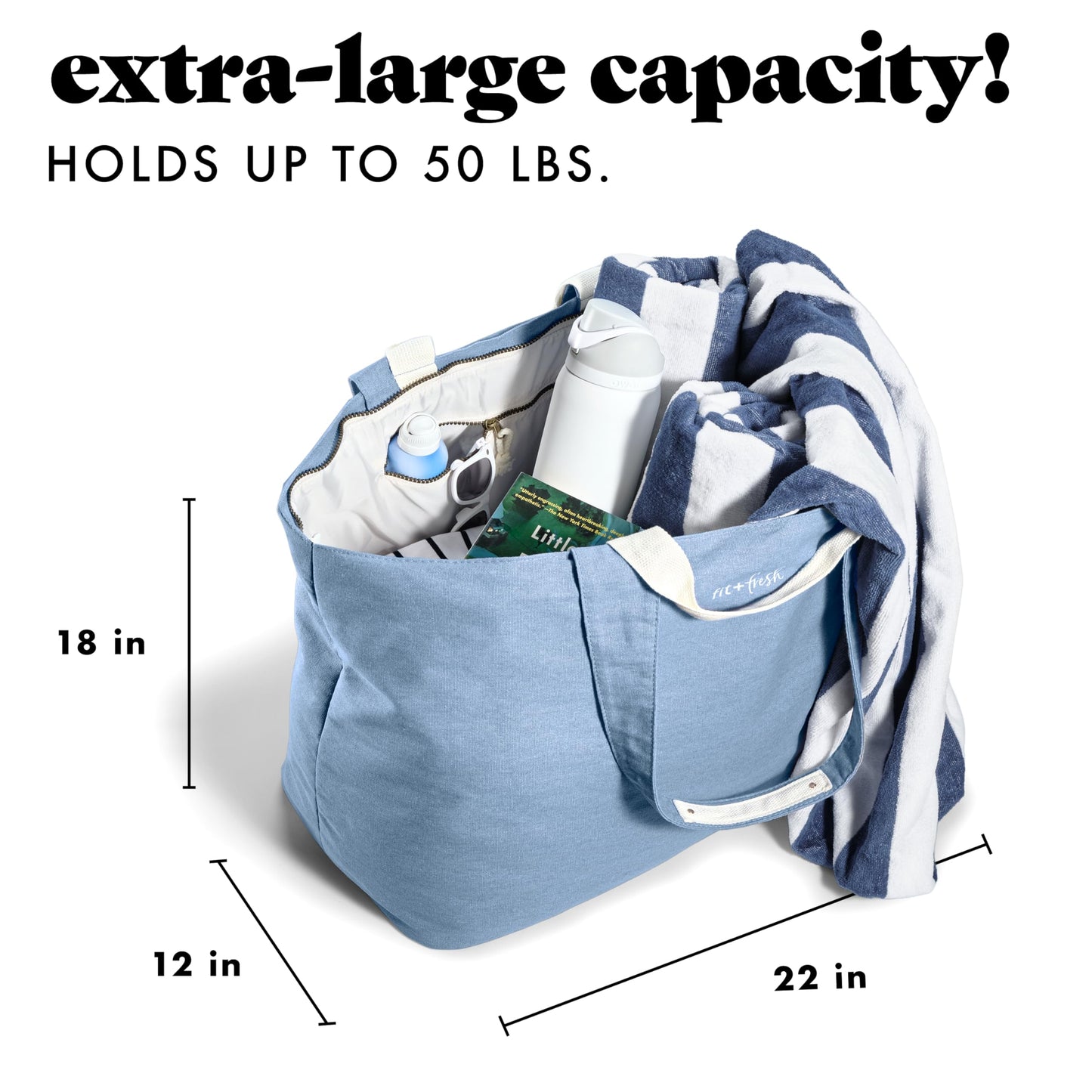 Fit & Fresh XL Beach Tote Bag for Women – Extra Large Travel Tote with Zipper & Pockets, Oversized Canvas Pool Bag, Weekender Carry-On for Beach, Travel & Family Essentials
