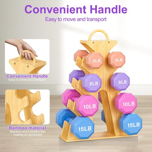MinBoo Bamboo Weight Rack for Dumbbells, Compact A-Frame Dumbbell Rack Stand Only, Dumbbell Rack with Handle, for Home Gym Workout