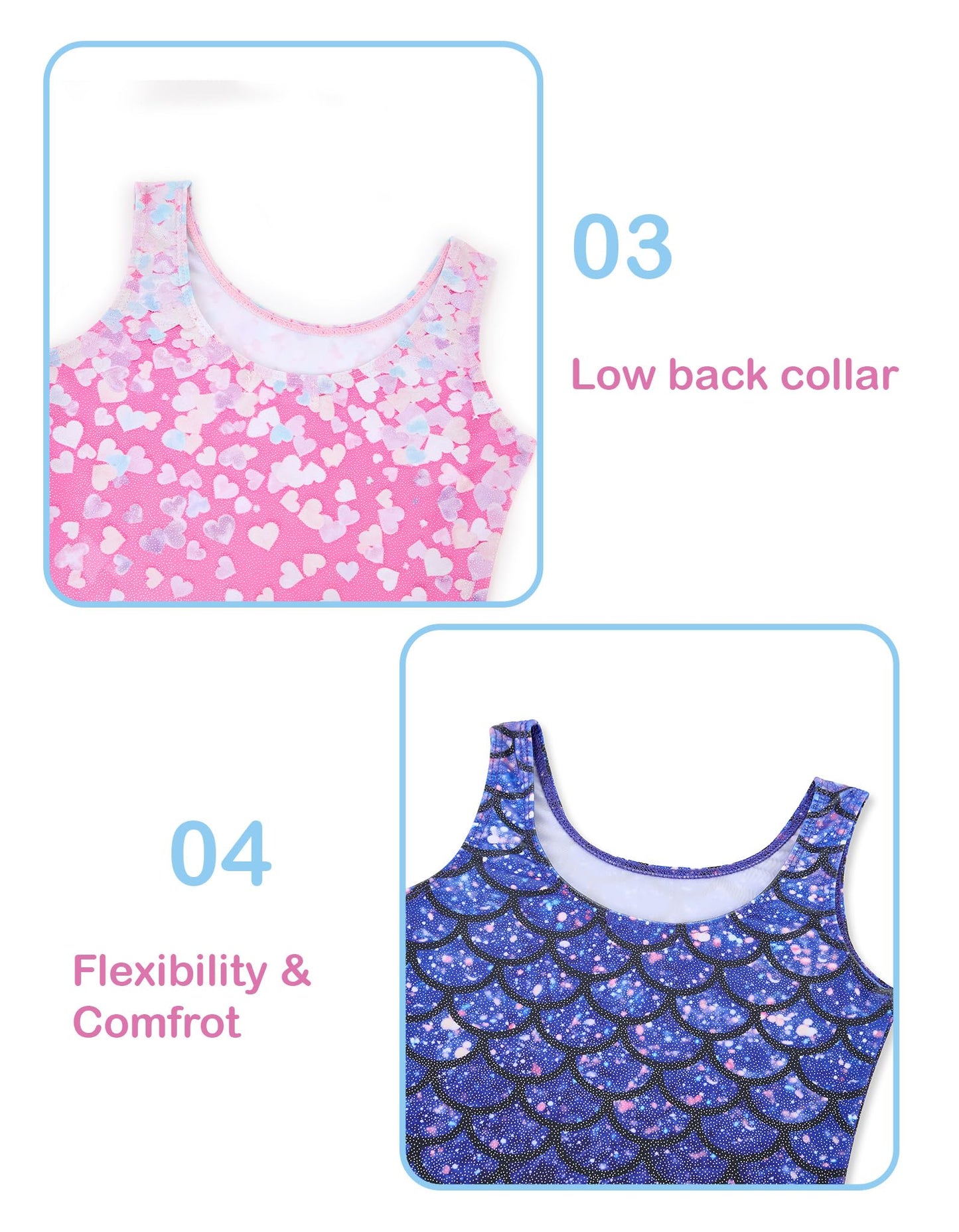 Tstiti Gymnastics Leotards for Girls 2 Pack Sparkly Kids Biketards Dance Unitards Matching Hair Scrunchies Heart Mermaids 4-5 T