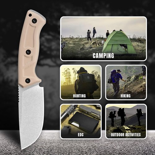 SDOKEDC Knives 14C28N Steel Fixed Blade Tactical Knife with kydex sheath for Men EDC Outdoor Camping Survival Hunting (White stone wash+khaki G10 handle)