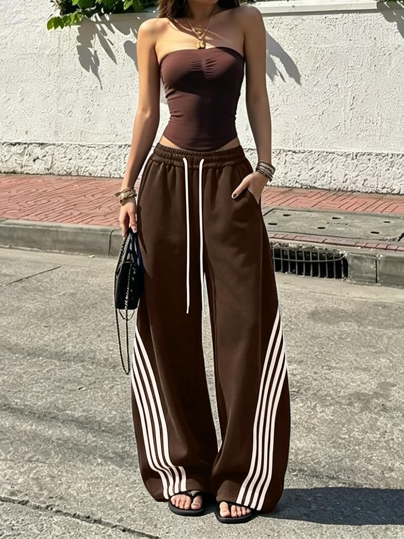 Emmiol Women’s Y2K Baggy Stripe Sweatpants - High Waist Wide Leg, Brown XX-Large