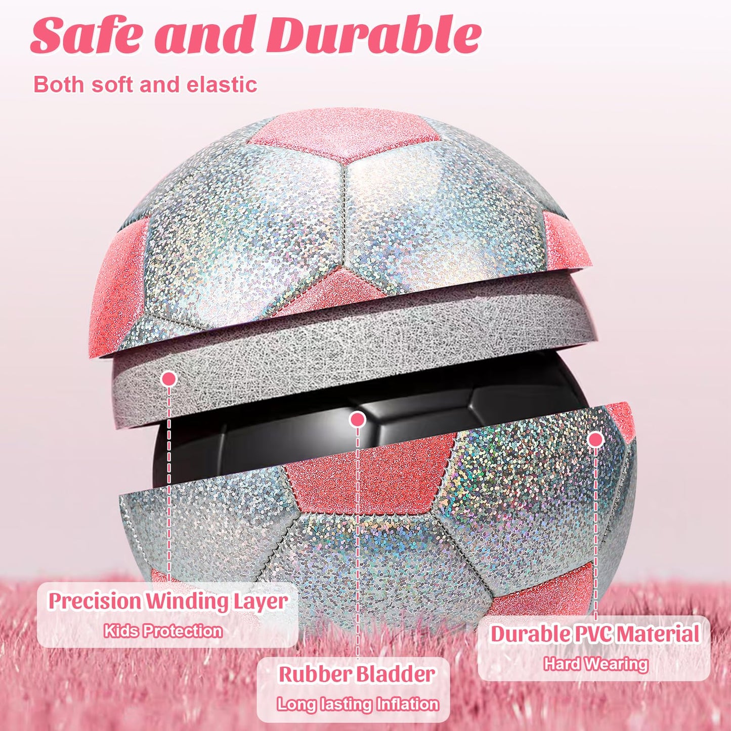OKWUYiK Soccer Ball Size 5 Glitter Pink & Silver Spliced with Pump Toddler Soccer Ball for Kids Aged 8-12 Outdoor Training Ball for Girls Boys Children Youth Teens(Pink & Silver Spliced, 5)