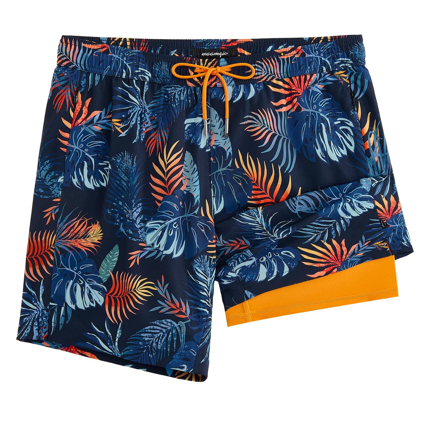 maamgic 2 in 1 Mens Swim Trunks 7 Inch Swim Shorts Swim Suits Board Shorts Palm Navy-Orange Medium