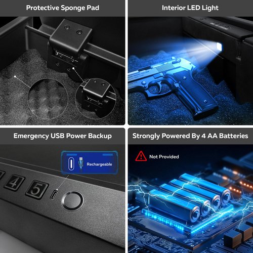 Gun Safe,Biometric Fingerprint Gun Safe for Handgun，USB Rechargeable Pistol Safe - Quick Access Handgun Safe for Firearm,Gun Lock Box With Interior Light For Nightstand，Car & Home Security