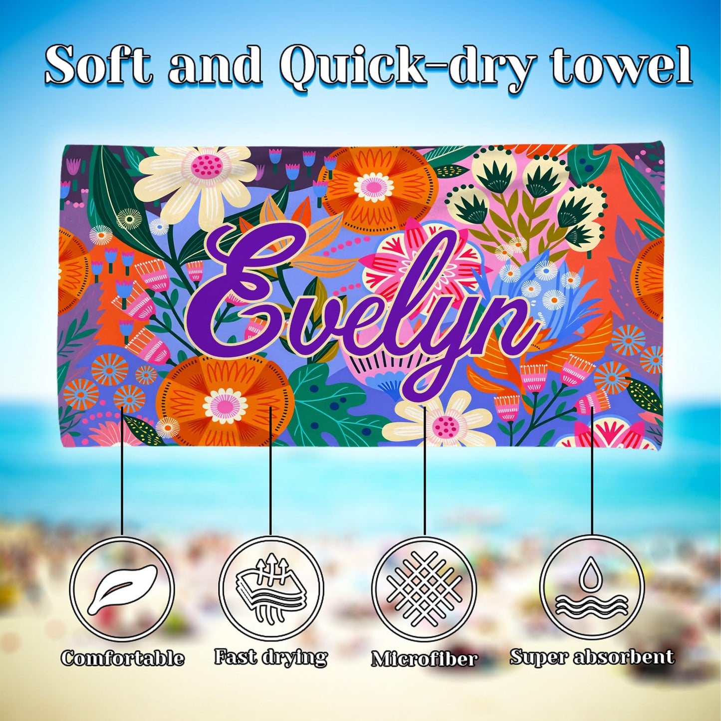 idooodle Personalized Bohemian Style Beach Towel with Name - Quick Dry Oversized Beach Towel, Travel Essential, Beach Party Birthday Gift for Girls Women & Friends