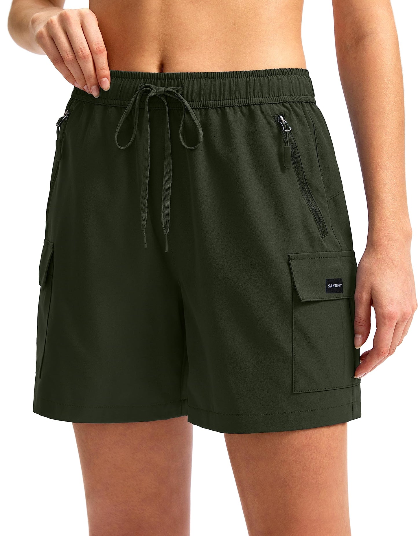 SANTINY Women's 5''/ 7''/9'' Hiking Cargo Shorts Quick Dry Lightweight Summer Shorts for Women Athletic Golf Zipper Pockets(Army Green_M)