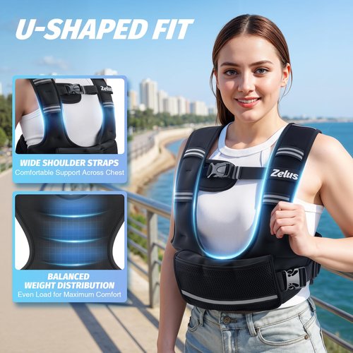 ZELUS Weighted Vest for Women Men, 4-10lb/11-20lb/20-32lb Adjustable Weight Vest with 6 Iron Sand Bags, U-Shaped Rucking Vest with Adjustable Buckle Straps, Workout Vest for Strength Training, Black