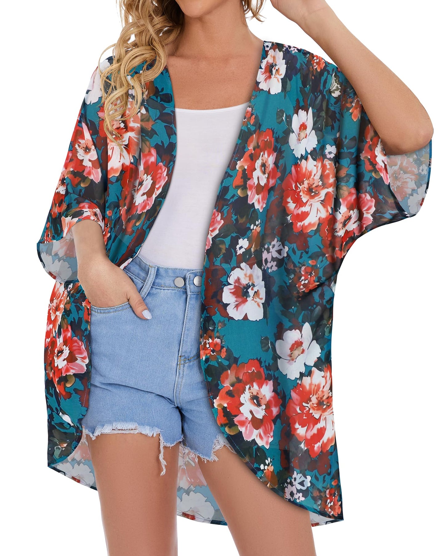 Women's Floral Kimono Print Puff Sleeve Loose Cardigan Cover Up Casual Blouse Summer Tops (Blue Red Floral, 3XL)