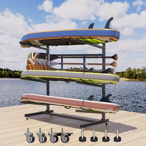 METAN Upgraded Wide Metal Kayak Storage Rack 3 Levels,59’’Wide Freestanding Heavy Duty Adjustable Kayak Stand Indoor Outdoor Storage Rack Garage with Wheels,Black,Assembly Required