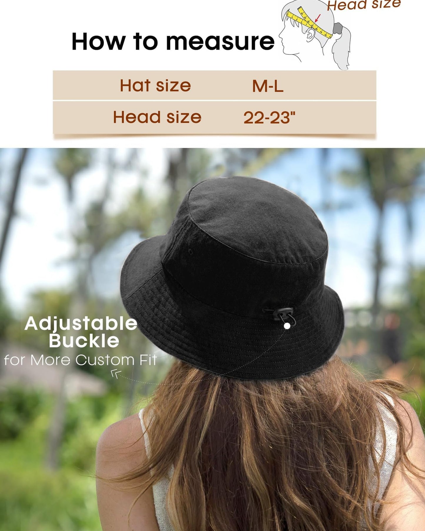 FURTALK Bucket Hats for Women Washed Cotton Packable Summer Beach Sun Hats Bucket Hat with Strings for Travel Black