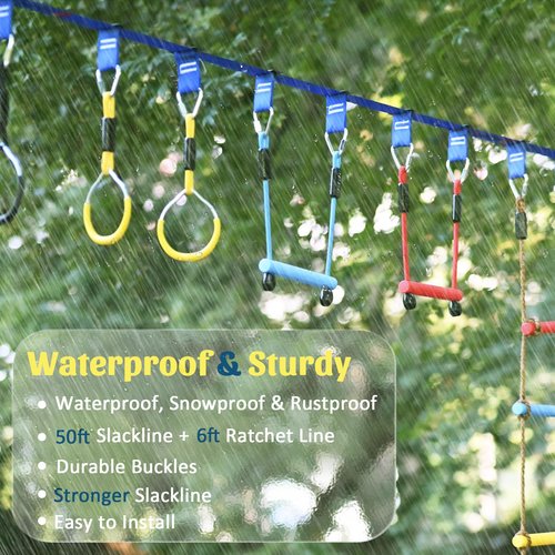Ninja Warrior Obstacle Course for Kids, 2×56ft Slackline Kit with 8 Ninja Accessories - Monkey Bar, Rope Ladder, Gymnastic Ring, Arm Trainer and Monkey Fist
