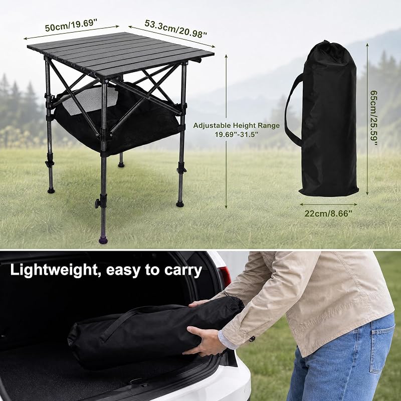 Camping Table 19.7in x 20.9in with Adjustable Height, Black - CAPASTEC Variation: Black