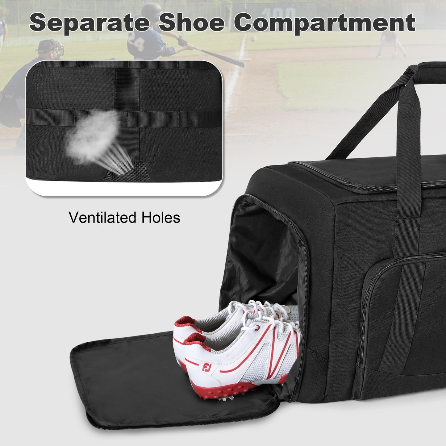 GOBUROS Baseball Duffle Bag with Bat Holder, Catchers Gear Bag for Softball