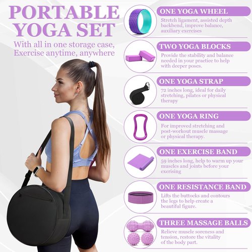 THYWD Yoga Wheel Set, Wheel Foam Roller with Back Cracker Roller for Pain Relief & Deep Tissue Massage and Stretching 500lbs Capacity, Trigger Point Therapy Massage Ball, Yoga Blocks 2 Pack with Strap