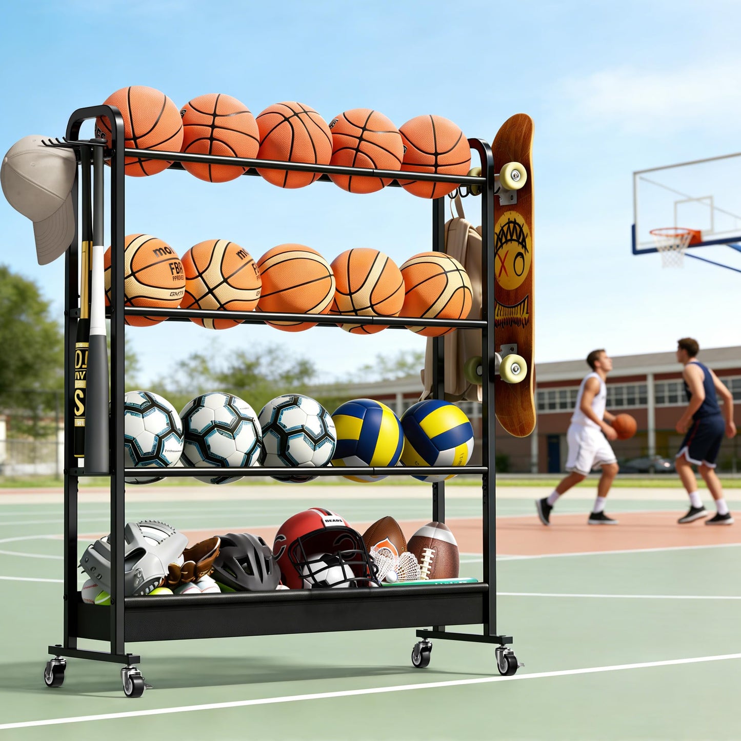 Josmimic Adjustable Basketball Rack with Wheels, 4-Tier Sports Ball Storage Cart for Basketball Football Volleyball Soccer & More, Holds up to 20 Balls