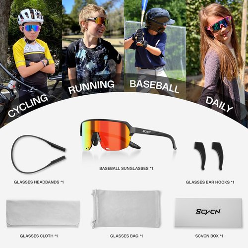 SCVCN Kids Baseball Glasses Boys Girls Sports Sunglasses Youth Cycling Shades Running Softball Age 3-12 S9032