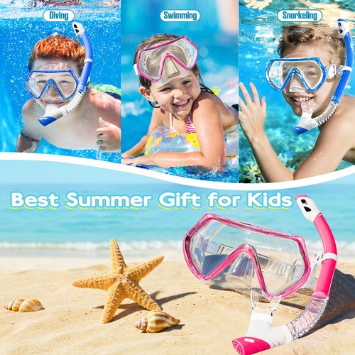 Kids Snorkel Set, Unisex Kids Swimming Goggles, Anti-Fog Diving Mask and Dry Top Snorkel Combo Set for Kids 3-14 (Blue+Pink)