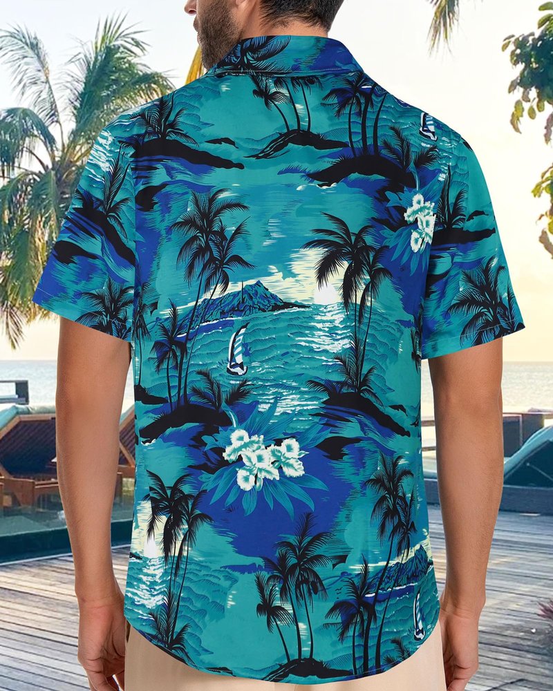 Mens Hawaiian Shirt Short Sleeve Summer Beach Casual Tops Button Down T Shirts with Pocket(Green Palm Tree,XL)