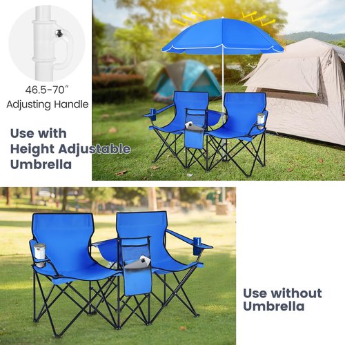CHEFJOY Double Camping Chair, 2-Person Portable Beach Chair w/Removable Umbrella, Cup Holders & Carrying Bag, Folding Loveseat Chairs for Adults Outdoor Picnic (Blue)