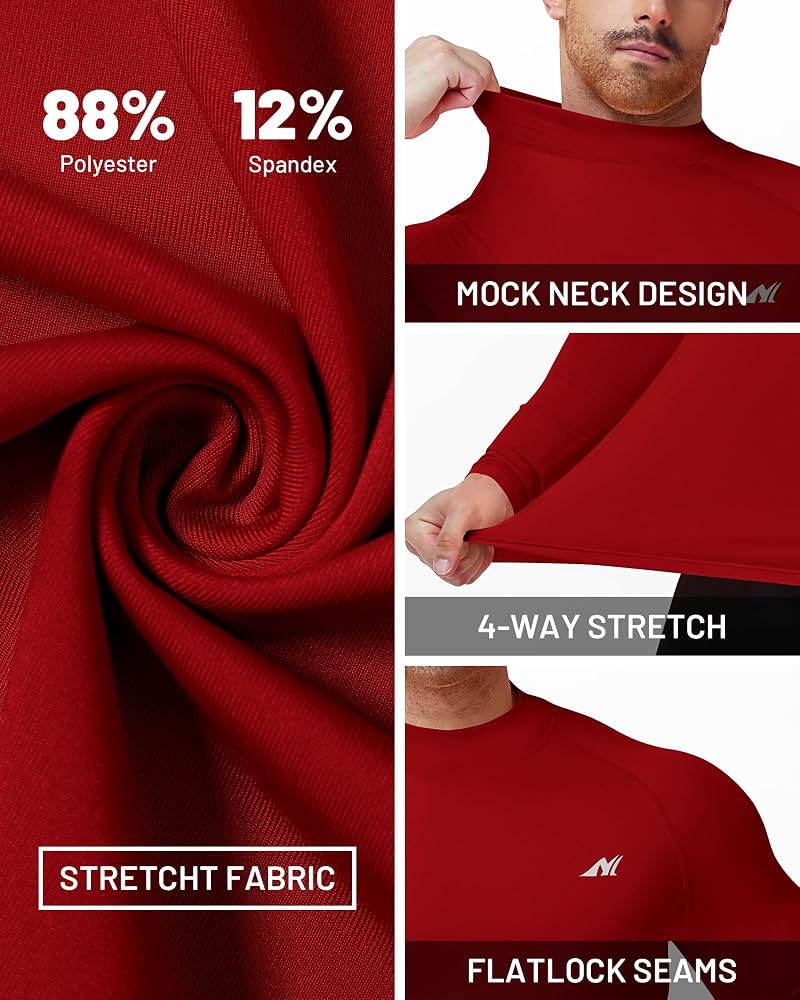 Nakuvara Men's Compression Mock Neck Base Layer Shirt, UPF 50+ Long Sleeve, Red Large