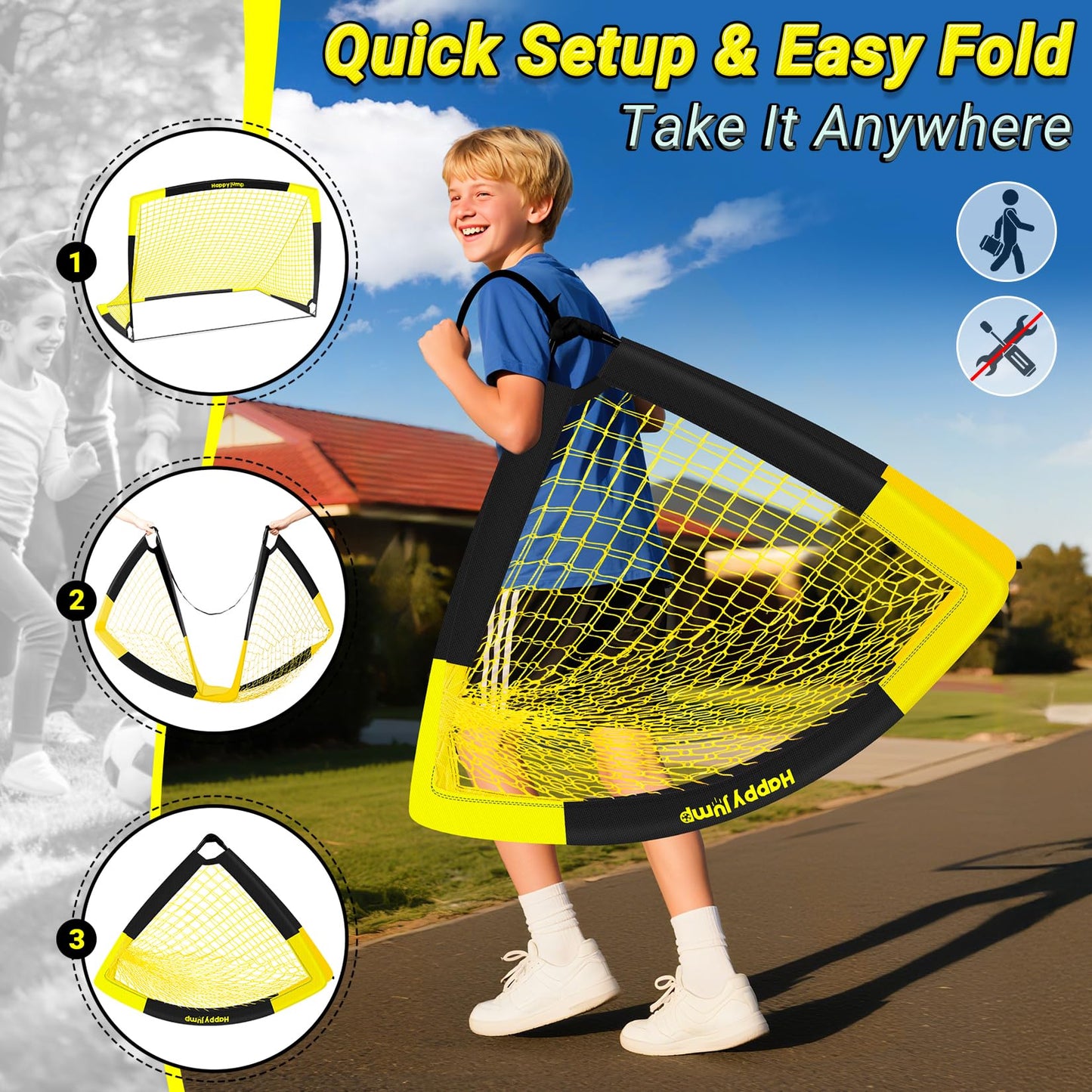 Happy Jump Soccer Goal Pop Up Foldable Soccer Net for Backyard, 2 Set (5X3.6 FT, 2 Set)