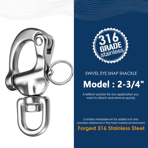 NECMETU Snap Shackle 316 Stainless Steel Swivel Shackle Sailing Halyard, Quick Release Snap Hook Boat Shackles Sailboat Hardware for Sailing Rigging Shackles (2-3/4 Inch - 2Pcs)