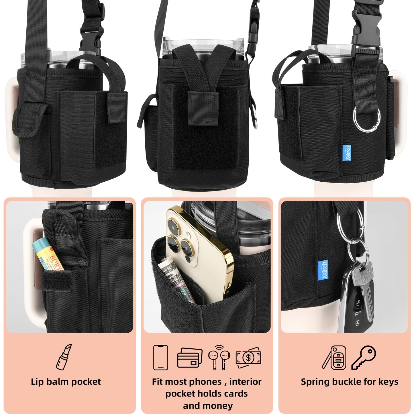Xxerciz Water Bottle Carrier Bag with Phone Pocket for Stanley 40 oz Tumbler with Handle, Nylon Water Bottle Holder Pouch with Adjustable Strap for Stanley Cup Accessories