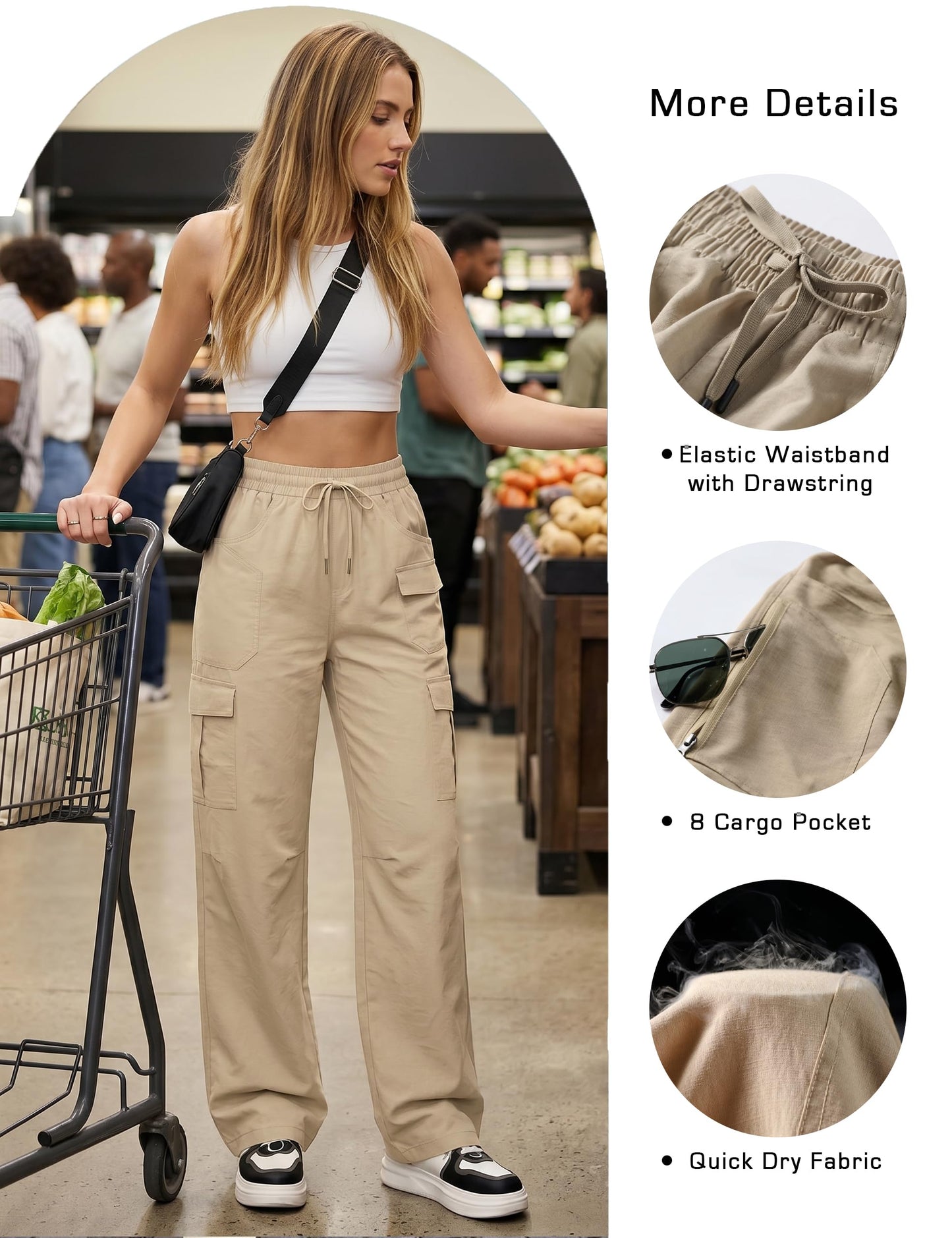 KPSUN Women's Cargo Pants 30" Lightweight Quick Dry Casual Travel Pant Streetwear for Work Hiking Outdoor with 8 Pockets(Khaki M)