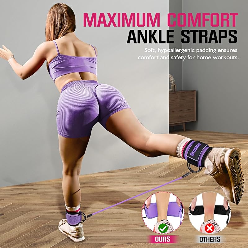Ankle Resistance Bands with Cuffs 60LBS – Purple, 3-Level Resistance, Leg & Glute Training Set