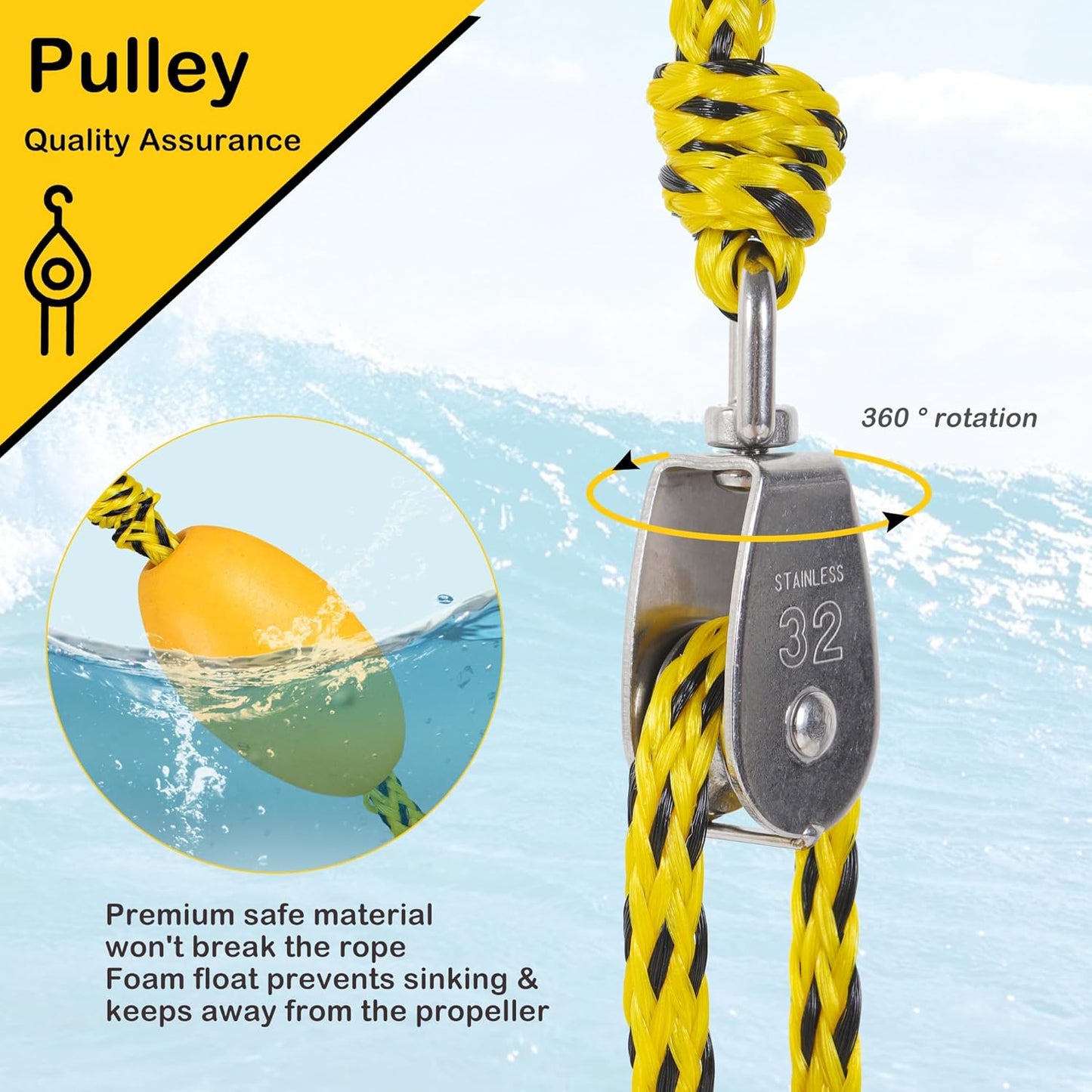 16FT Tow Rope for Tubing Tow Harness with Pulley Water Sport Lines Water Sports Tow Rope Heavy Duty Boat Tow Harness with 2 Stainless Steel Hook