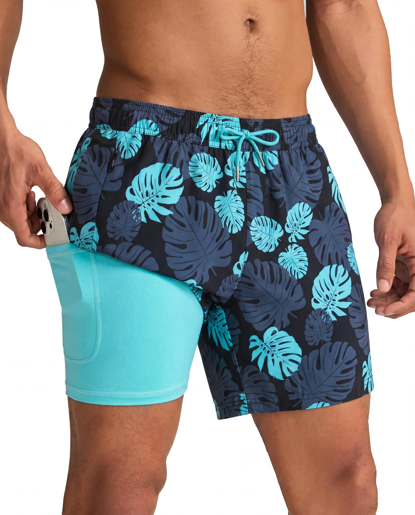 maamgic Mens Swim Trunks with Compression Liner 5 Inch, Quick Dry Bathing Suit with Zipper Pockets, Stretch No-Chafing Swim Shorts, Black-Lake Blue Leaves X-Large