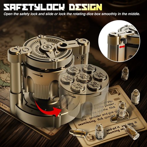 YNWML Metal Dice Set, 7 Piece Polyhedral Bullet Dice with Spinning Revolver Cylinder Case, Fidget Toy for Stress Relief, Cyberpunk Style Tabletop RPG Dice, Golden
