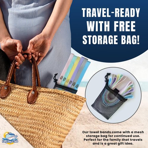 6 Pack Towel Bands for Beach Chair, Pool & Cruise Lounge Chairs, Extra Durable, No Snapping, Cruise Ship Essentials, Great Alternative to Towel Clips. Beach Must Haves