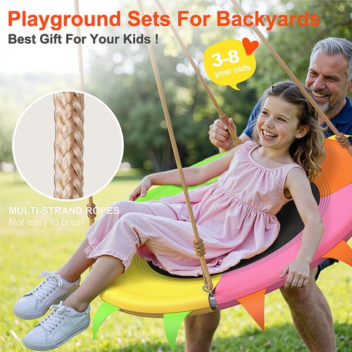 Saucer Swing for Kids Outdoor - 400lb Heavy-Duty Tree Swing with Adjustable Straps & Ropes, Weather-Resistant Outdoor Seat (Child-Safe, Vibrant Colors)