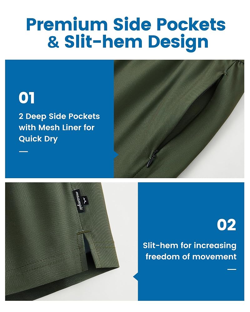 Maamgic Army Green Swim Trunks with Compression Liner – 4" Quick-Dry, 2 Side Pockets