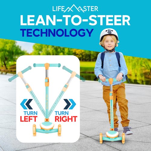 Lifemaster 3-Wheel Kids Scooter with Multi-Color Lights on Deck & Wheels – 5-Height Handlebar, Wide Anti-Slip Deck, Child Safety Certified, Boys & Girls Ages 3+ Supports Up to 150 lbs, Aqua Orange