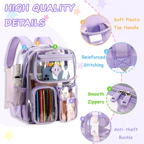 PIG PIG GIRL Clear Backpack for School,Heavy Duty PVC Transparent Bookbag for Girls Stadium Approved See Through Backpack for Women for College Work Travel Festival,Purple